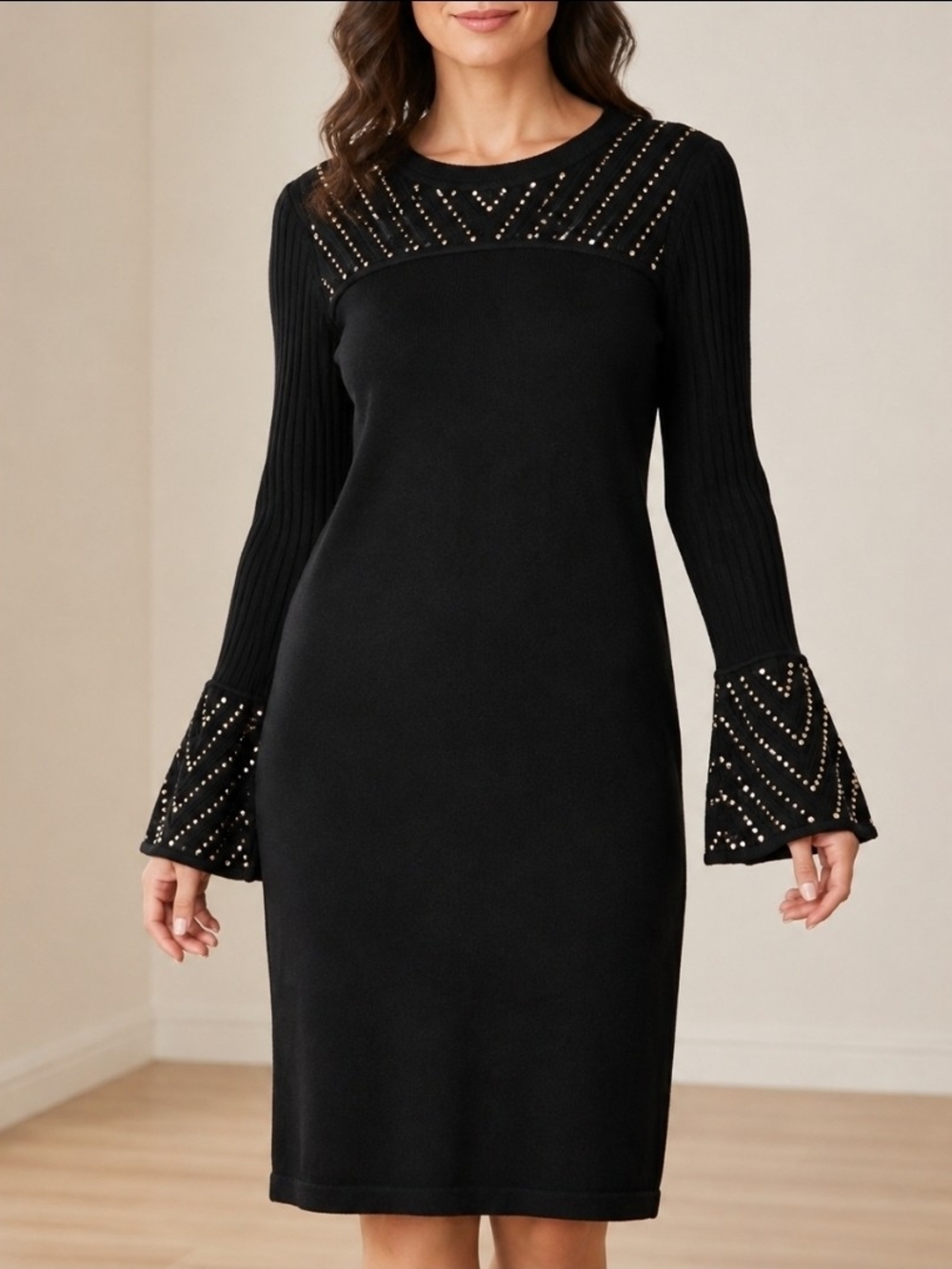 Calvin Klein Black Studded Bell Sleeve Sweater Dress L